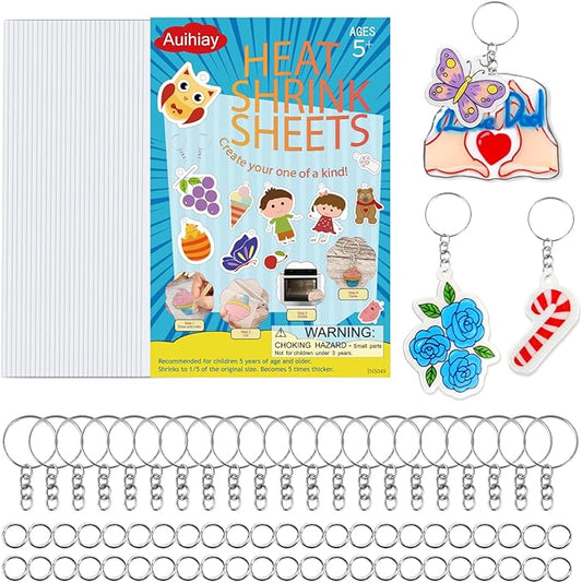 Auihiay 30PCS Shrink Plastic Sheets for Kids with 30 Keychains & 100 Jump Rings, Shrink Films Papers, Shrinky Art for DIY Handprint Keychains, Mother's Day & Father's Day Gifts