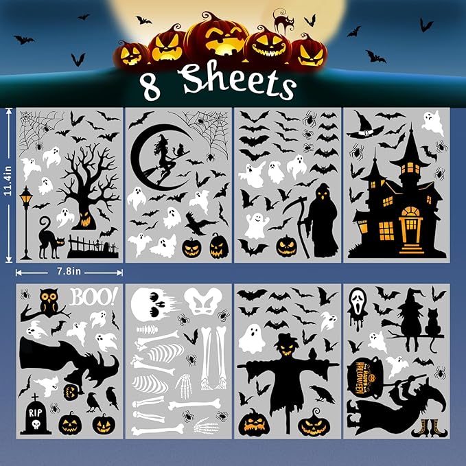 150 Pcs Halloween Window Clings Halloween Decor Indoor Bats Window Decoration | Large-Size Double-Side Witches Skeletons Windo Stickers Clings Hallowee Party Decoration Reusable & Removable