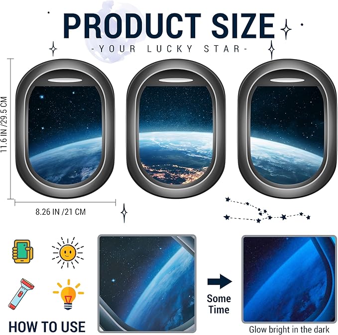 Glow in The Dark 3D Space Wall Decals, Set of 3 Galaxy Window Stickers for Wall, Space Themed Room Decor for Kids Boys (Blue)