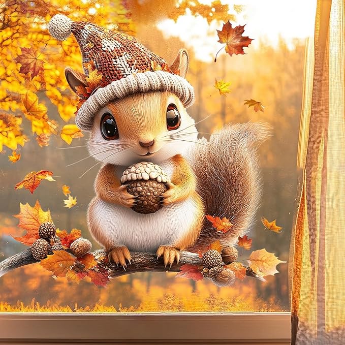 Fall Window Clings for Glass Thanksgiving Static Cling Window Decals 1PCS Cute Squirrel Maple Leaves Autumn Reusable Window Stickers Home School Office Decorations