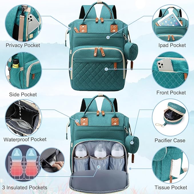 Diaper Bag Backpack Baby Bag, Baby Girl Boy Diaper Bag for Dad Mom with Pad, 16 Pockets, Pacifier Case, Large Diaper Bags Unisex for Travel (Green)