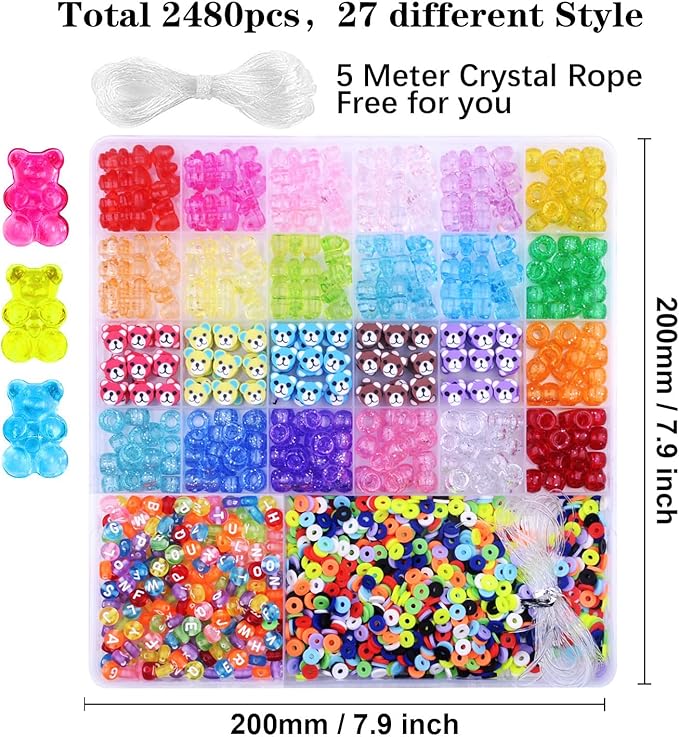 2480pcs Acrylic Bear Polymer Clay Beads Charms for Bracelets Making Kit Cute Fun Charms Beads Friendship Bracelet Making DIY Arts Crafts Birthday Gifts Toys for Kids Girls
