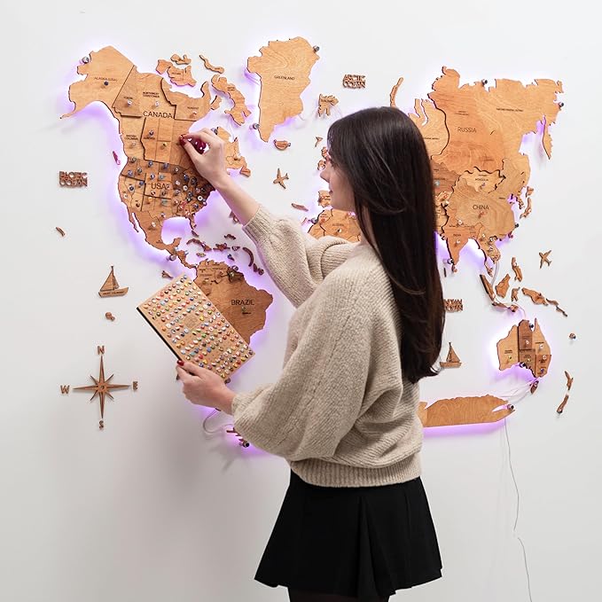 Enjoy The Wood 3D Wood World Map LED 3.0 Wall Art Modern Home Decor Gifts LED Lighting Wall Decor Housewarming Gift (Oak)