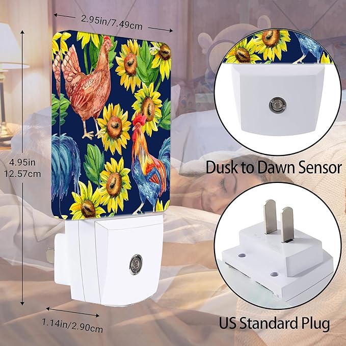 Retro Hen Rooster Night Light, Sunflowers Plug into Wall with Dusk to Dawn Light Sensors, Warm Nightlights for Bedroom, Bathroom, Hallway, Kitchen, Gifts Ideal for Boys Girls Women Men