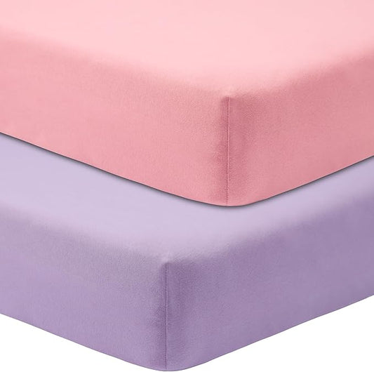 Crib Sheets for Boys Girls,100% Cotton Fitted Crib Sheet 2 Pack for Standard Crib and Toddler Mattress, Super Soft Breathable Baby Sheet 28x52x8in (Purple & Pink)