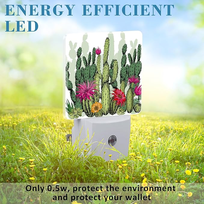 Green Succulents and Cactus Plants Night Light Plug into Wall with Dusk to Dawn Sensor Cute Nightlight for Kid Girls Boys Women Men Room Decor, Hallway, Kitchen, Bathroom, Nursery, Stairs