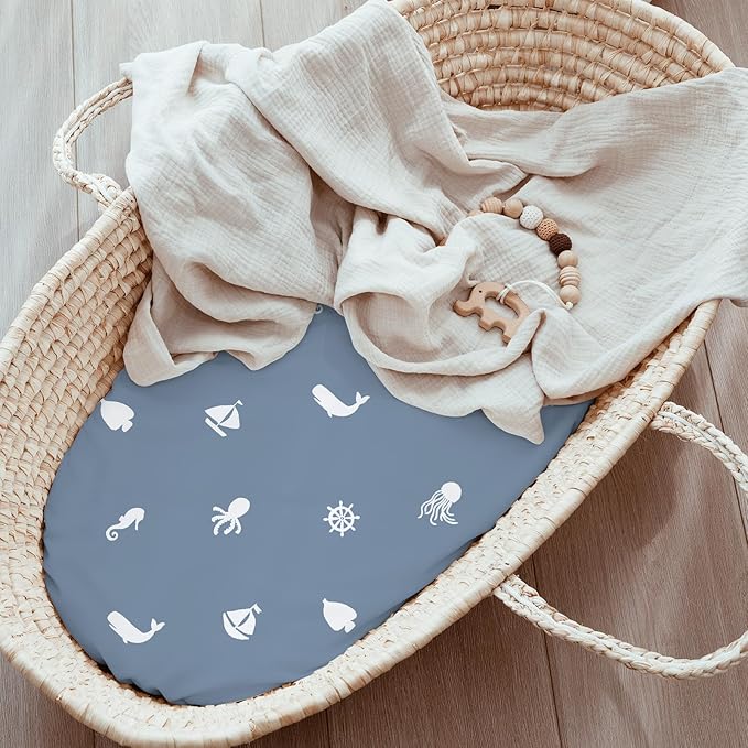 Baby Bassinet Sheets Girl Boy, Stretch Fitted Bassinet Sheet Set 3 Pack Bassinet Mattress Sheets Universal Fit for Rectangle, Round, Oval, Hourglass Mattress, Soft Breathable Blue Ocean Sailor