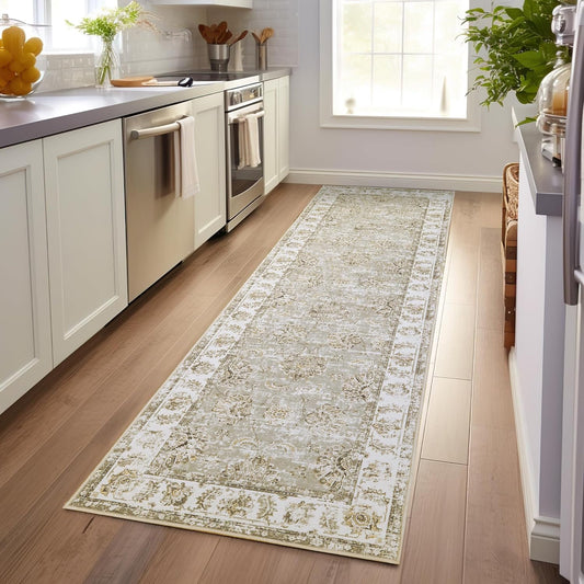 jinchan Hallway Runner Rug 3x10 Washable Runner - Vintage Floral Non Slip Low-Pile Soft Thin Faux Wool Kitchen Rug Distressed Carpet for Farmhouse Bedroom Laundry Room(3x10ft,Taupe)