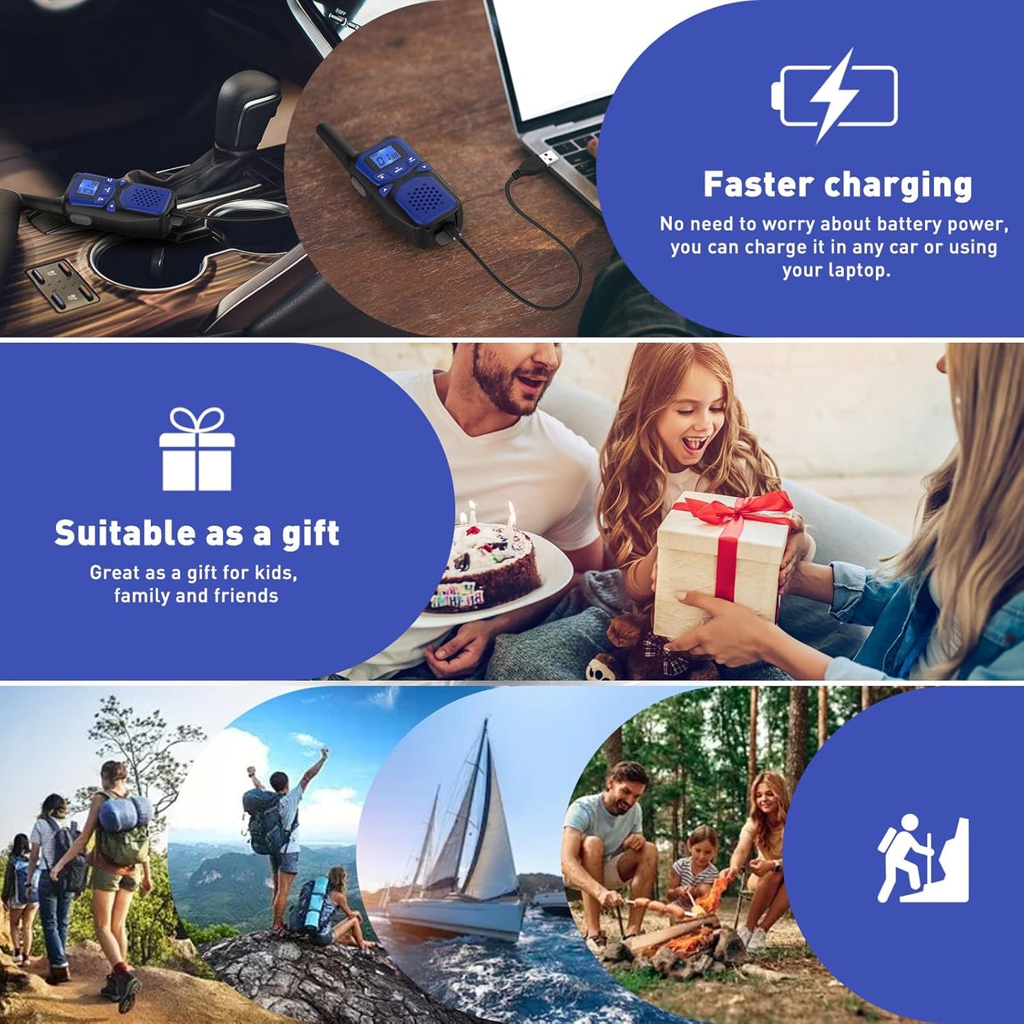 Adult Walkie Talkie WokTok Long Range Rechargeable Portable Two-Way Walkie Talkie, Hiking Accessories, SOS Sirens, NOAA Weather Alarms, Kid's Toys, Easy-to-Use Rechargeable Walkie Talkies,3 Pack