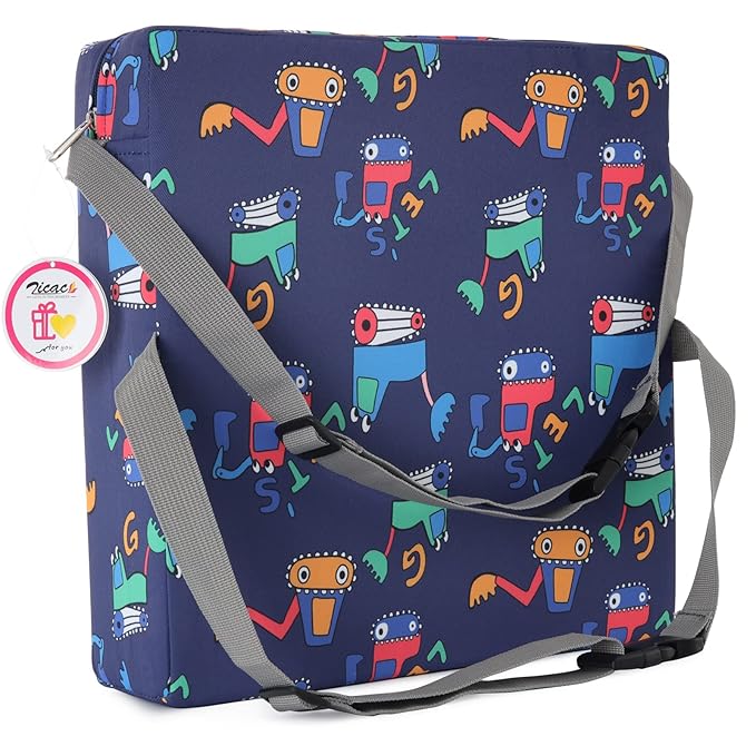Zicac Portable Toddler Booster Seat for Dining Table, Safer Non-Slip Kids Booster Seat with Double Adjustable Straps, Washable Detachable Strong Support Increasing Cushion for Child (Blue Excavator)