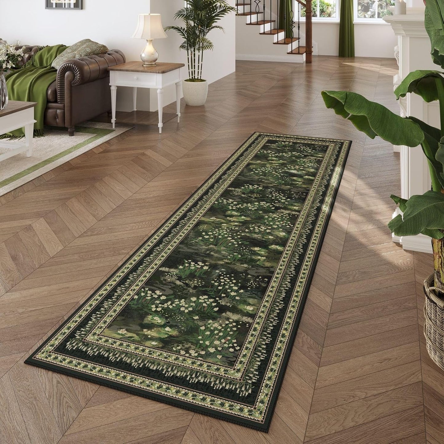 2x6 Runner Rug Impressionist-Style Vintage Kitchen Rugs Non Slip Washable Soft Carpet Runner for Kitchen Laundry Bedroom Bathroom, Green