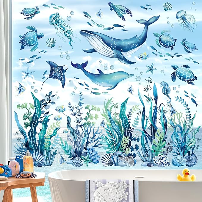 decalmile Under The Sea Marine Animal Double Sided Window Clings Seaweed Sea Animal Whale Turtle Fish Anti-Collision Glass Doors Window Stickers Decals