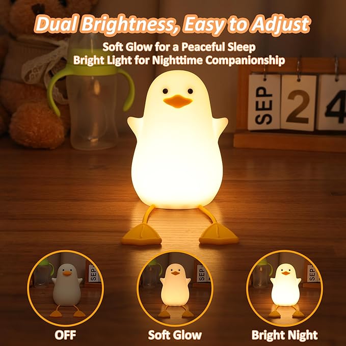 Duck Night Light for Kids, Cute Benson Ducks Gifts, Squishy Touch Silicone Animal Nursery Bedside Lamp Goose Gifts, Dimmer & Rechargeable, Birthday Gifts for Boys Girls Women Teens