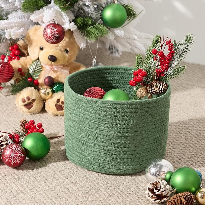Small Basket for Organizing | Cube Shelf Closet Storage Baskets | 9.7×9.7×7.1” | Woven Rope Gift Basket | Nursery | Round 3 Packs Green