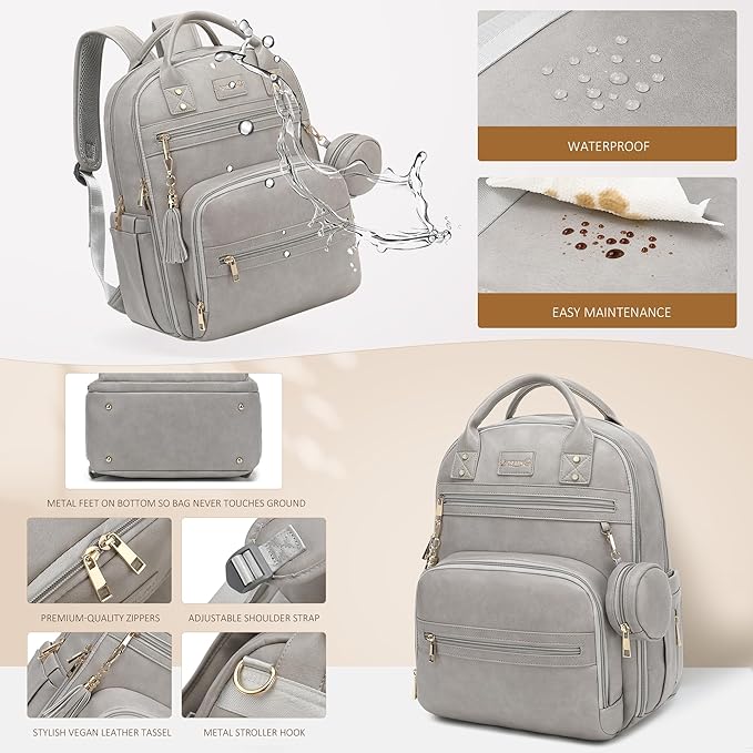 Premium Vegan Leather Diaper Bag Backpack with Waterproof Changing Pad, Reinforced Zippers & Odor-Free, 20 Pockets Pro Organizer, Fits 15.6" Laptop, Stroller Straps, Baby Bag for Mom, Grey