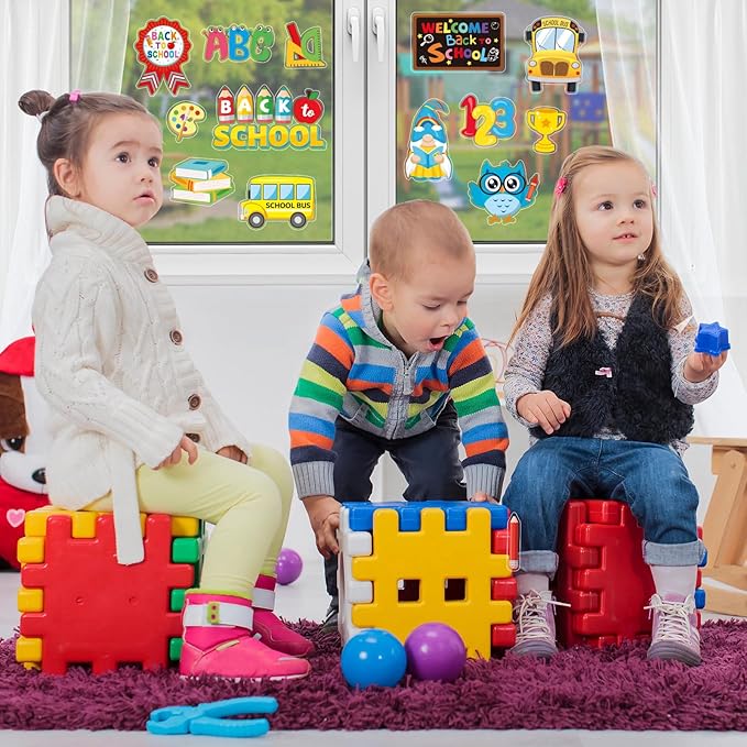 MARFOREVER 50 PCS Back to School Window Thick Gel Clings Stickers Reusable School Window Clings Decals for Welcome Back to School Party Supplies Wall Glass Blackboard Decorations