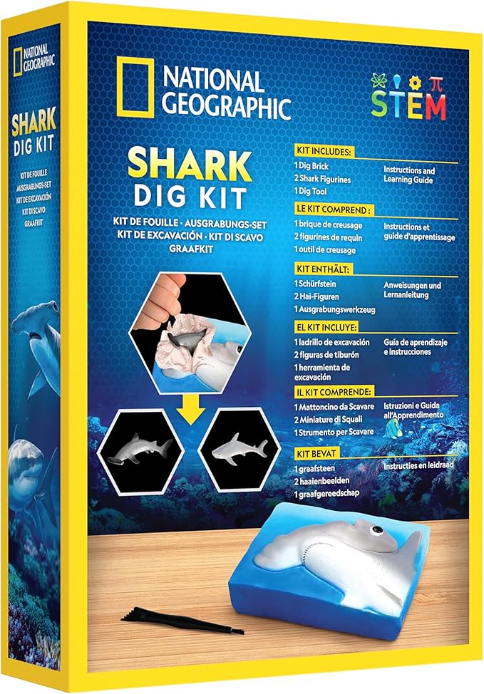 Blue Marble National Geographic Shark Dig Kit - Excavation Science Kit for Kids 8-12 With 2 Figurines and Dig Tool