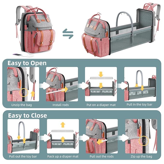 Diaper Bag Backpack with Changing Station, Large Diaper Bag, Baby Bag, Multifunctional Diaper Bag, Pinkgray