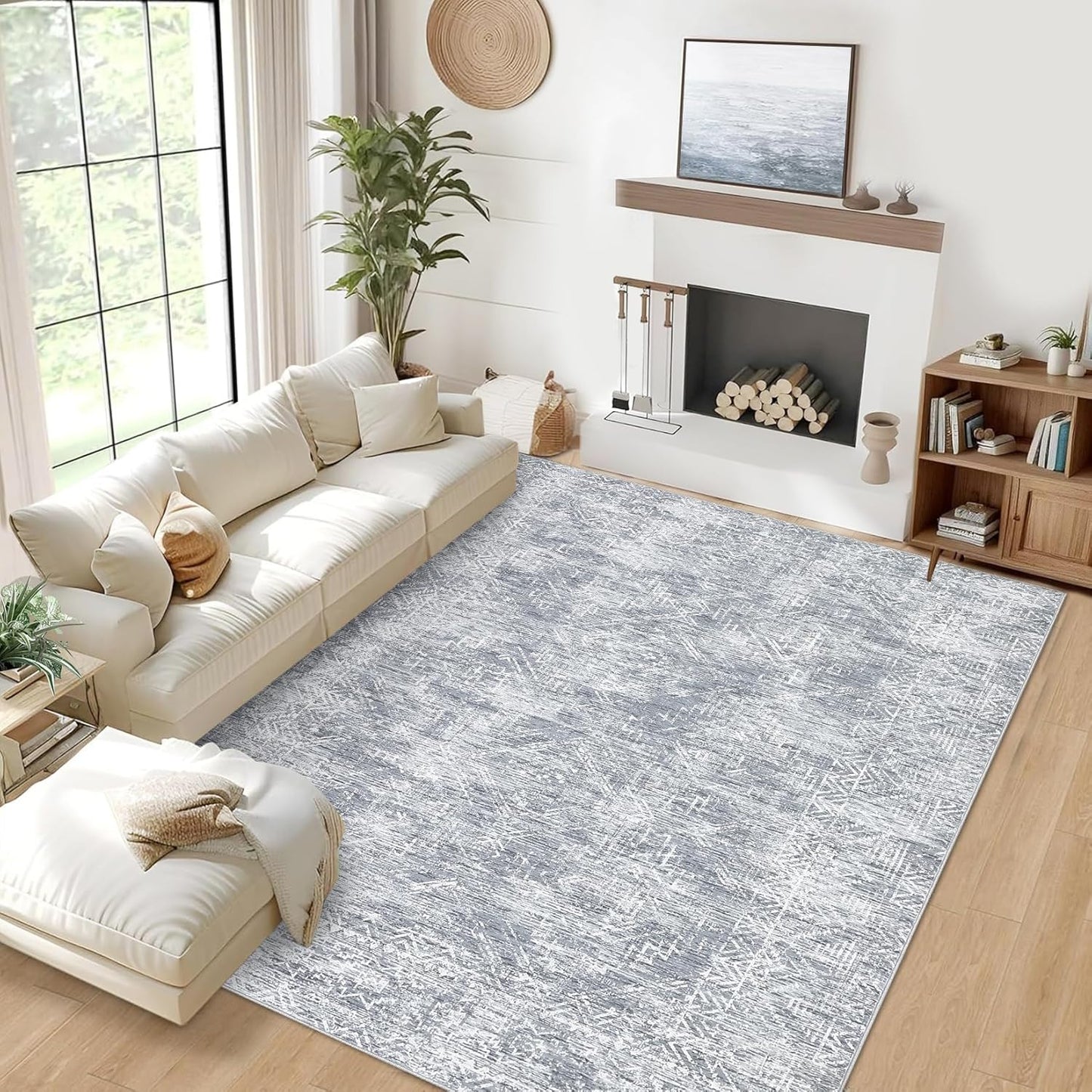 COZYLOOM 6x9 Rug Living Room Washable Modern Distressed Accent Carpet with Non-Slip Backing, Ultra-Soft Contemporary Geometric Floor Mat for Kitchen, Bedroom, Grey