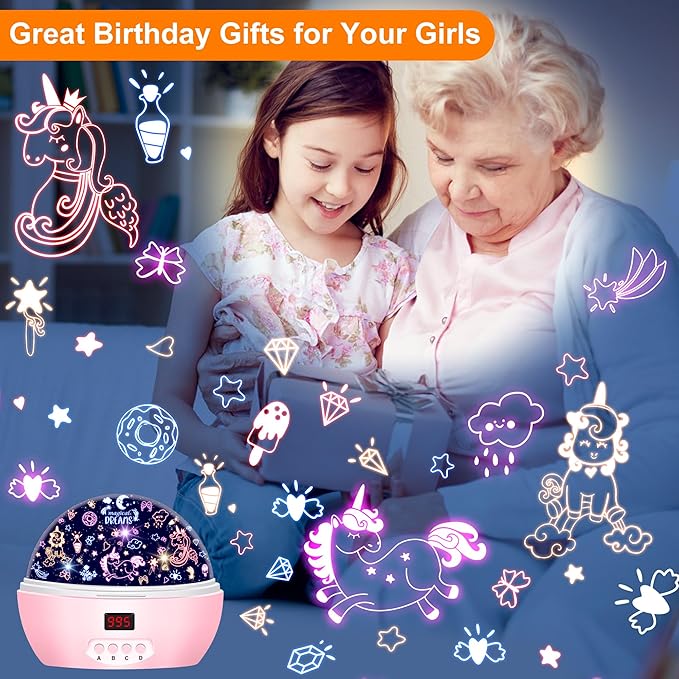 Kid Unicorn Night Light for Girls, and Baby Bear Night Lights Rotating Light Projector with Timer Color Changing Birthday Gifts for 3-5-10 Year Old Girls