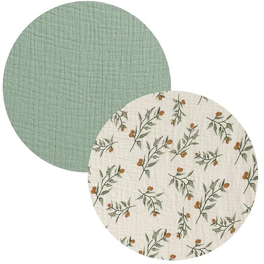 Muslin Bassinet Sheet Compatible with Fisher-Price On-The-Go Baby Dome, 2 Pack Cotton Stylish Boho Fitted Bassinet Sheets Super Soft for Baby Roman Green & Botanical Leaf