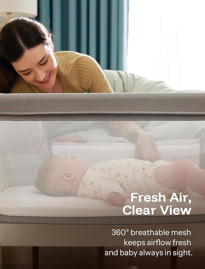 HARPPA Cuddly Bassinet, 2 in 1 Baby Bassinet with Breathable Mesh and Mattress, 6 Height Adjustable, Bedside Sleeper with Anchor Strap, Storage Basket and Wheels