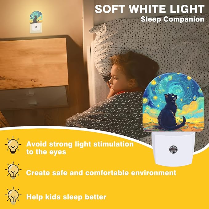 Night Lights Plug into Wall Black Cat Watching Starry Night Night Light Dusk to Dawn Smart Sensor Decorative Round Led Lamp for Bedroom Kitchen Hallway Nightlight for Women Men