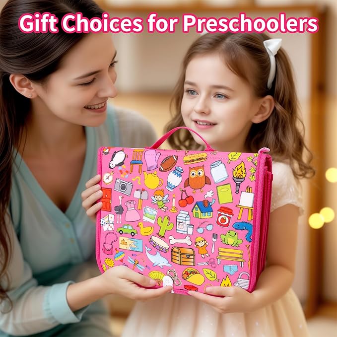 12-Page Toddler Busy Board Montessori Toys, Busy Book for Toddlers, Girl Birthday Gift,Toddler, 24 in 1 Activity Sensory Toys for Motor Skills, Travel Toy for Car Airplane (Pink)