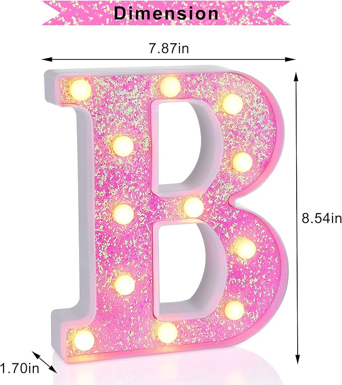 Foaky Pink Light up Letters，Pink Party Decorations,Girls Room Decor,Glitter Light Up Letters,Alphabet Letter Sign for Night Light Birthday Party Girls Gifts, Home Bar Decoration（B）