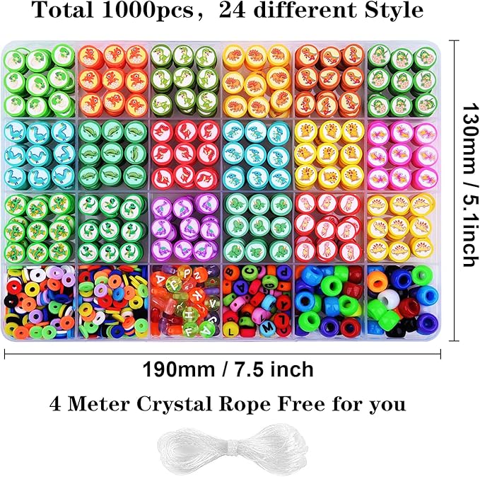 1000PCS Dinosaur Polymer Clay Beads Bracelet Making kit, 24 Style Cute Fun Beads Beads Charms for Jewelry Necklace Earring Making DIY Accessories for Women Girls