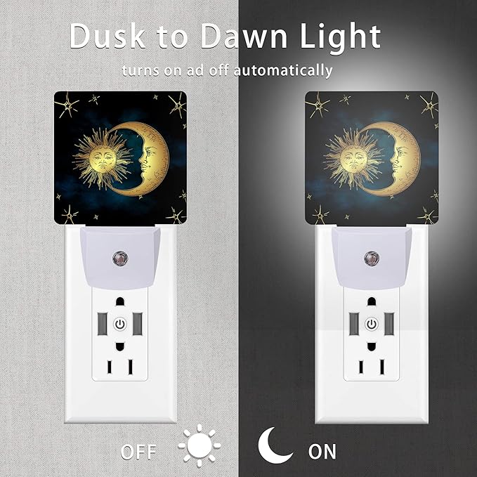Celestial Moon Golden Sun Night Light,Boho Chic Stars Night Lights Plug into Wall with Dusk to Dawn Light Sensors 0.5W Dim Night-Lights for Bedroom