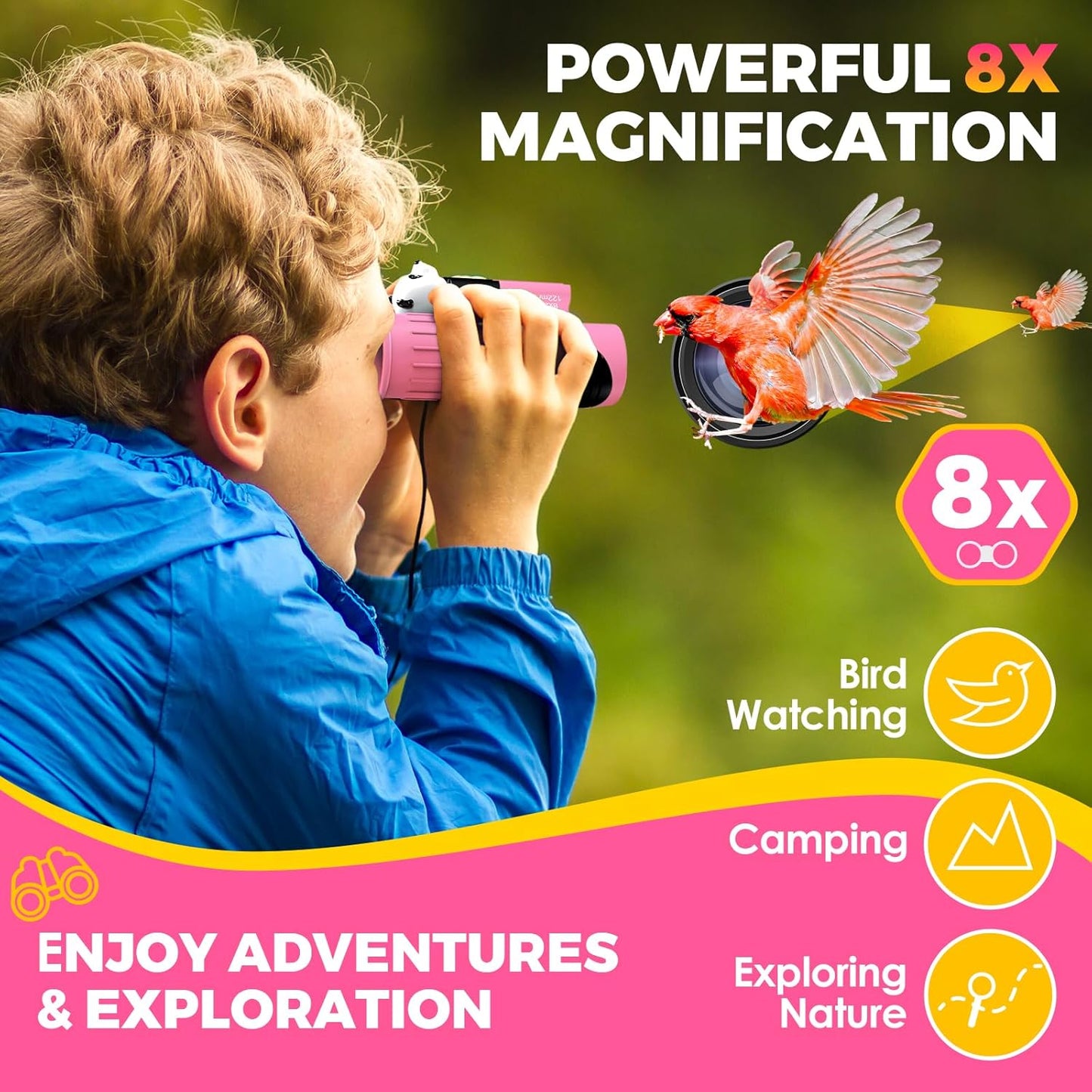 Binoculars for Kids, Toys for 3-12 Year Old Girls and Boys, Bird Watching Hiking Outdoor Learning Toy with Magnifying Glass &Compass, Birthday Easter Gifts Toys for Boy Kid Ages 3-6 (Pink)