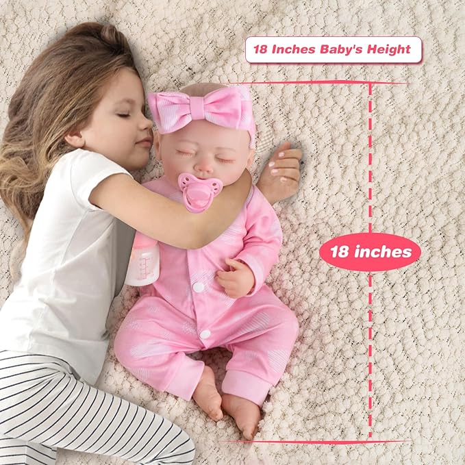 Jirachi Realistic Reborn Baby Dolls, Sleeping Baby Pink Girl Real Life Soft Cloth Body, 18 Inch Lifelike Reborn Baby with Feeding Accessories for Kids