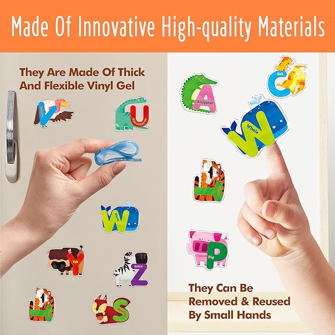 26PCS Alphabet Animal Jelly Stickers, Thick Window Door Clings Removable Reusable Letter Gel Clings Decals for Kids Toddlers Adults Home Classroom Animal Theme Party Supplies Decors (Not Edible)