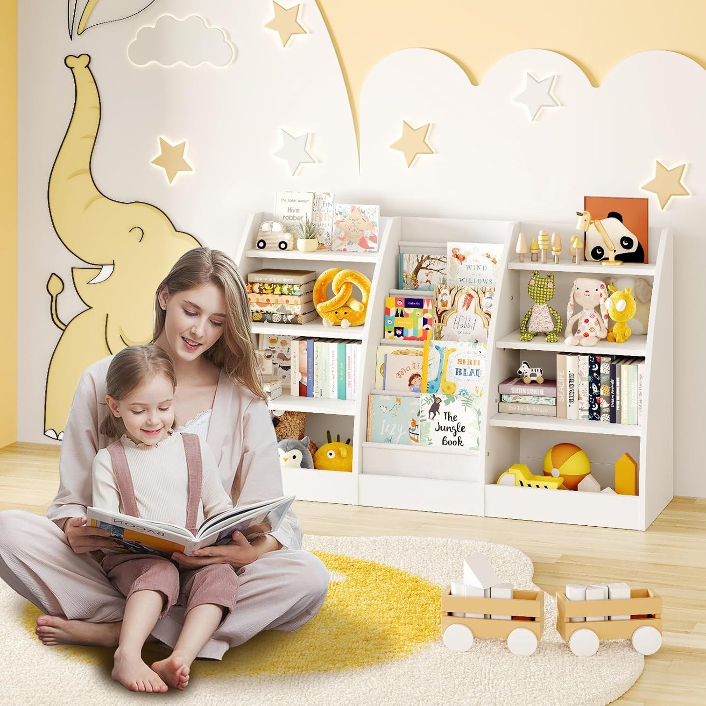 4 Tier Kids Bookshelf, 4 Layer Sling Kids Book Shelf for Kids Rooms, XXL Wood Children Bookcase,Baby Storage Book Rack,Toddler Bookshelf, Book and Toy Organizer,Book Display Shelf for Bedroom, Nursery