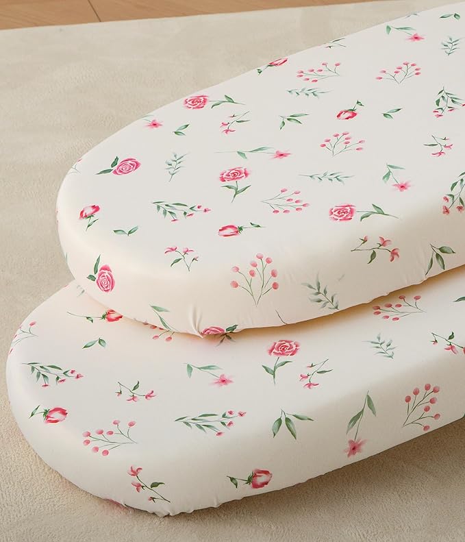 SDY Soft Bassinet Sheets,Pink Rose Bassinet Fitted Sheets for Boys Girls Set 2 Pack,Universal Fit for Rectangle, Round, Oval, Hourglass Mattress Set 32 * 16 * 4 inches (Floral,Pink Rose)