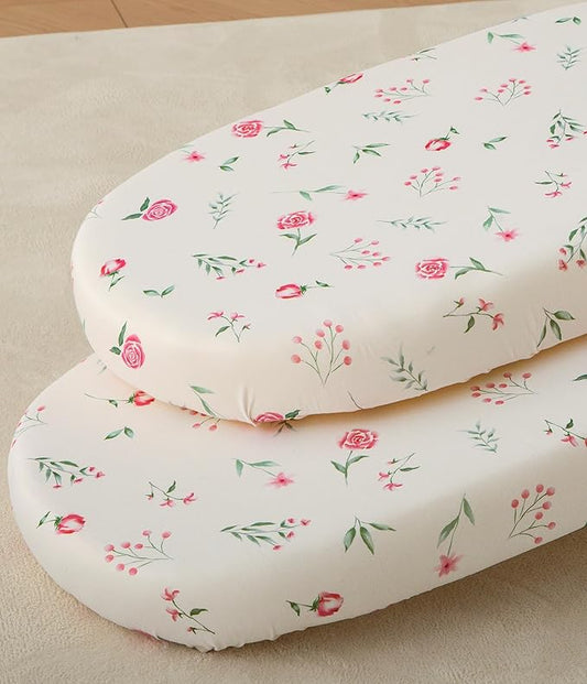 SDY Soft Bassinet Sheets,Pink Rose Bassinet Fitted Sheets for Boys Girls Set 2 Pack,Universal Fit for Rectangle, Round, Oval, Hourglass Mattress Set 32 * 16 * 4 inches (Floral,Pink Rose)
