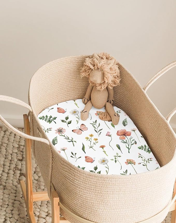 Bassinet Sheets for Baby Girls Boys 2 Pack, Fitted Baby Mattress Sheet for Rectangle, Oval, Hourglass Bassinet Mattress, Breathable Cozy & Universal Fit (Butterfly Garden)