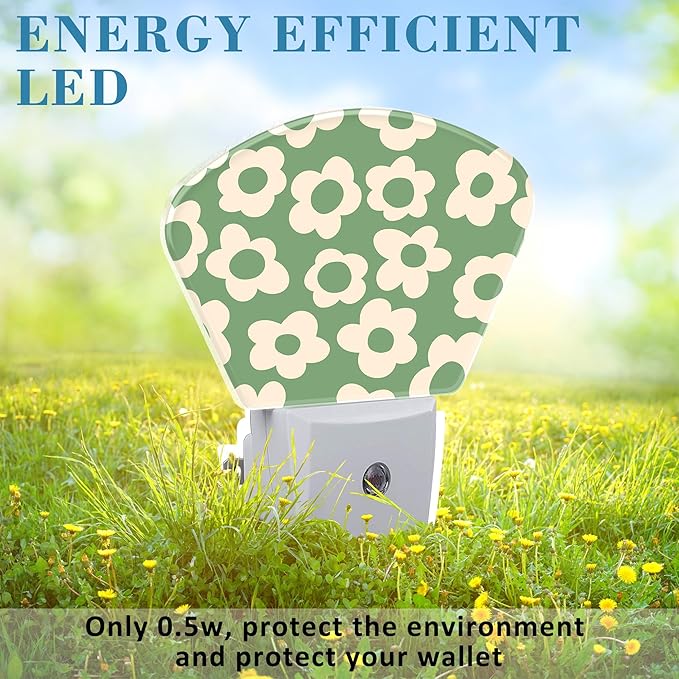 Vintage Green Flowers Night Light, Groovy Flowers Nightlight Plug into Wall with Dusk to Dawn Sensor for Kid Girls Boys Women Men Bedroom, Hallway, Kitchen, Bathroom, Stairs Decor