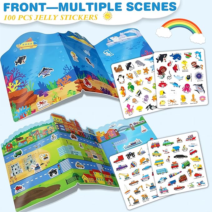 Jelly Stiicker Books Set for Kids Travel Essentials, Reusable Sticker Books for Toddler, Restickable Sticker Book Tdddler Travel Toys for Kids, Safari, Farm, Ocean, Vehicles