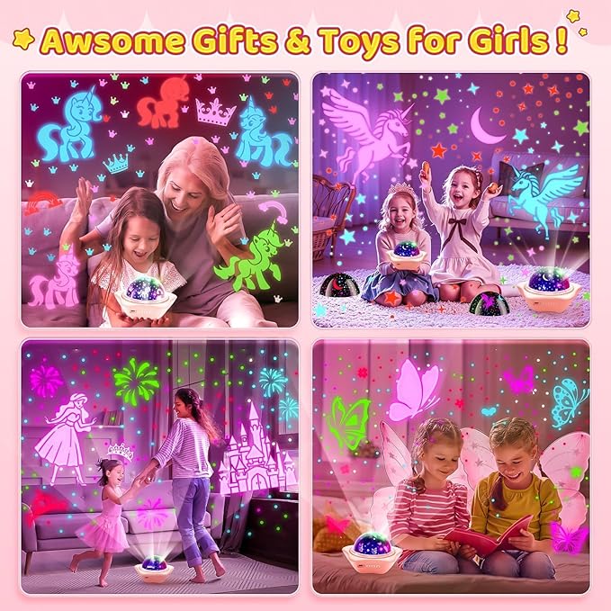 Onefire Girl Gifts, 6 Films Light Projector Unicorn Toys for Girls Age 4-6,Rechargeable Night Lights for Bedroom,360° Rotating Butterfly Lamp for Room Decor,Mermaid Princess Toddler Toys Toddler Gifts