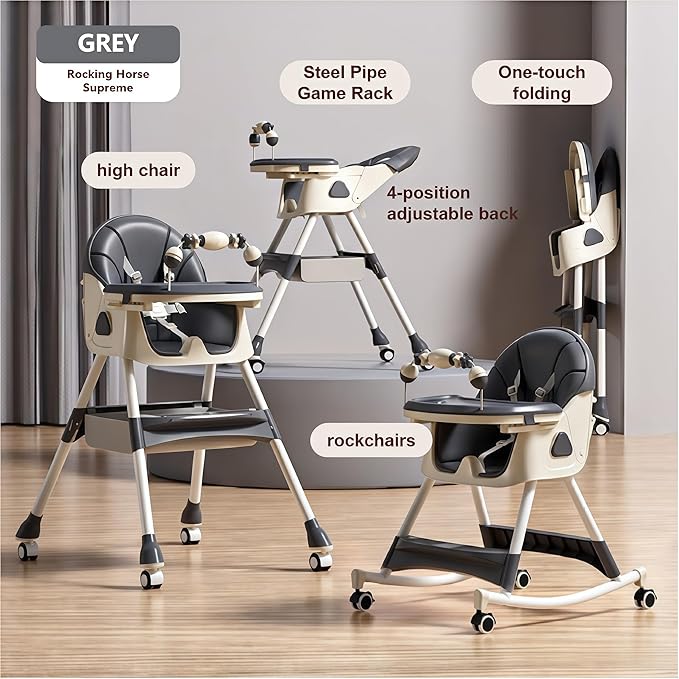 PU Leather Baby High Chairs with Rocking Mode, Foldable Multi-Functional Baby Eating Chair with Adjustable Backrests and Heights, High Chair with Wheels and Double Trays（560 Grey）