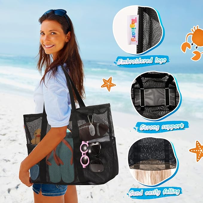 Tagitary Mesh Beach Bag with Zipper Large Beach Tote Waterproof Sandproof with 8 Pockets for Toys Pool Bag Beach Accessories