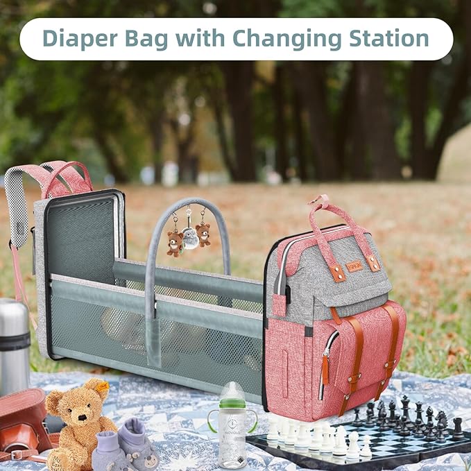 Diaper Bag Backpack with Changing Station, Large Diaper Bag, Baby Bag, Multifunctional Diaper Bag, Pinkgray