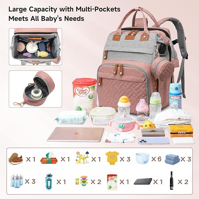 Baby Diaper Bags with Changing Station, Large Capacity Diaper Bag Backpack for Moms Dads with USB Charging Port,Travel Baby Bag with Pacifier Case & Stroller Straps(Up-PinkGrey)
