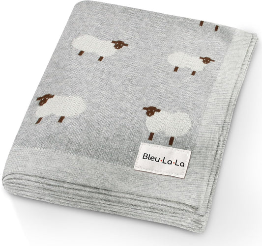Knit Baby Swaddle Blanket - 100% Cotton Soft Cozy Lightweight Unisex Receiving Swaddling Crib Stroller Quilt Blanket for Shower Gift Registry for Newborns Infants & Toddlers (Sheep - Grey)