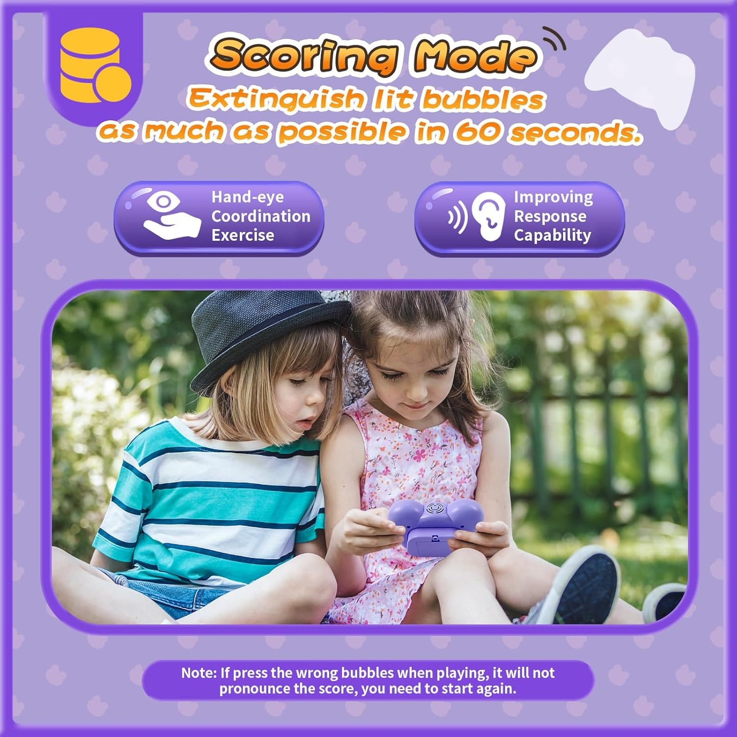 Fast Push Bubble Game, Light-up Pop Game Fidget Toys for Kids and Adults, Electronic Handheld Games, Stress Relief Toys for 6 7 8 9 Year Old Boys & Girls (Purple)