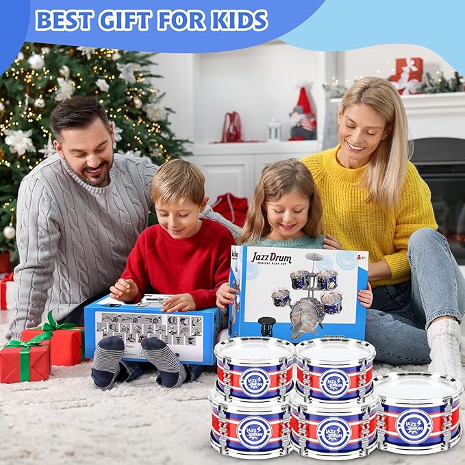 Kids Drum Set, Drum Set for Toddlers with Stool Upgraded Plastic Rock Jazz Drum Kit Musical Instruments Toys Gifts for 1 3 5 7 9 12 Years Boys Girls