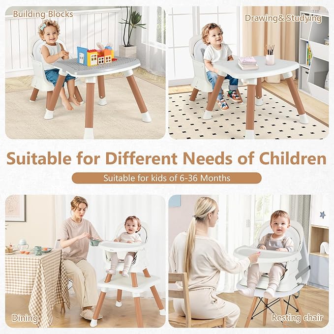 INFANS 8 in 1 Baby High Chair, Convertible Highchair for Babies and Toddlers, Infant Dining Booster Seat, Building Block Table, Kids Stool Table Chair Set with Removable Tray (8 in 1, White)