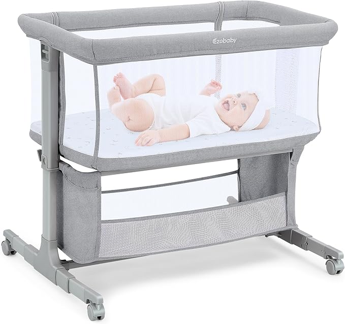 Ezebaby Bedside Bassinet for Baby, Portable Baby Bassinet Bedside Sleeper for Newborn Infants with Wheels Storage Basket, Adjustable 7 Heights and All Mesh Sides